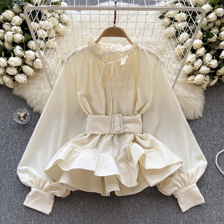 【tops】ウェスト絞りフリルブラウスF6982