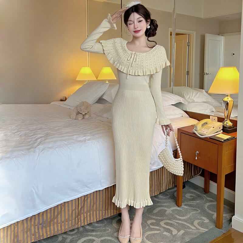 【dress】ラバティンカラーニットワンピース Q7046