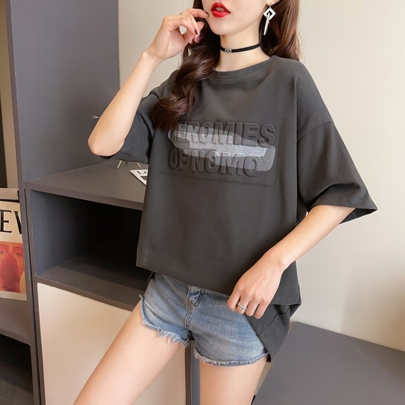 【tops】ラウンドネック半袖ゆったり着回し英字柄配色TシャツF0054