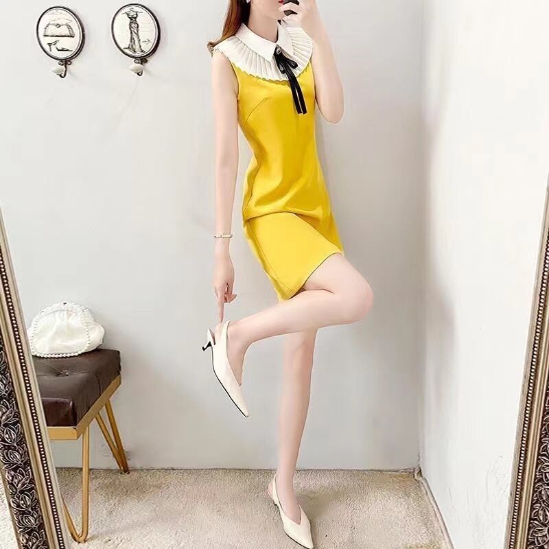 【dress】大人可愛い韓国風INS風POLOネックノースリーブ配色蝶々結びOL通勤タイトンワンピースF2425