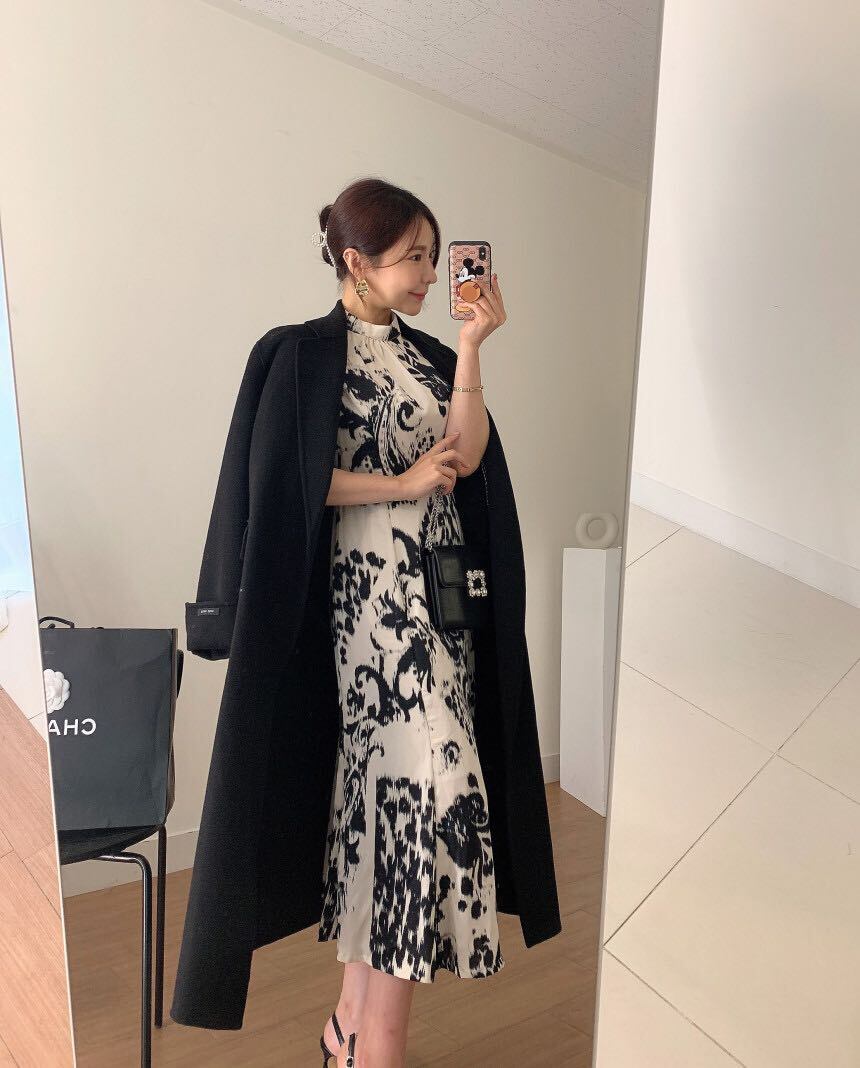 【dress】上品なシルエット!気質満点レトロエレガントスクエアネック着痩せパフスリーブプリントワンピース G6285