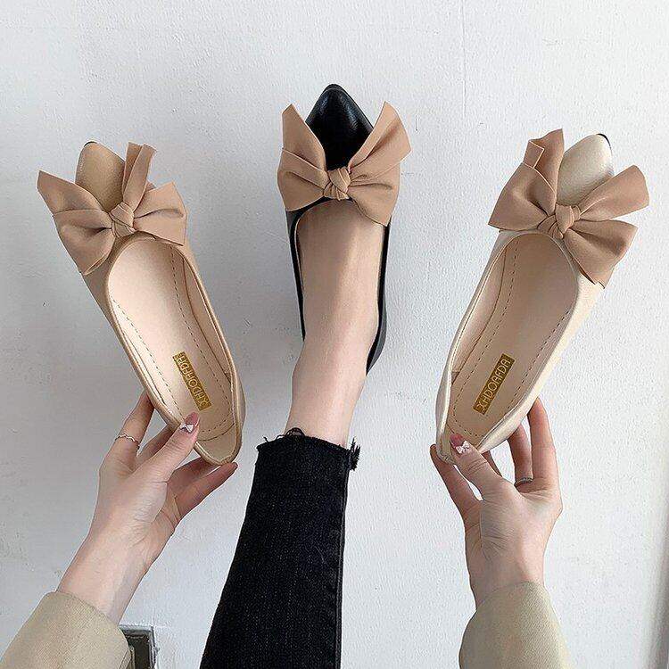 【shoes】選べる3色！履きやすい合わせやすい美脚魅せ蝶々結びフラットシューズ