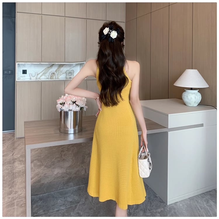 【dress】ホルターネックAラインニットワンピースF7458