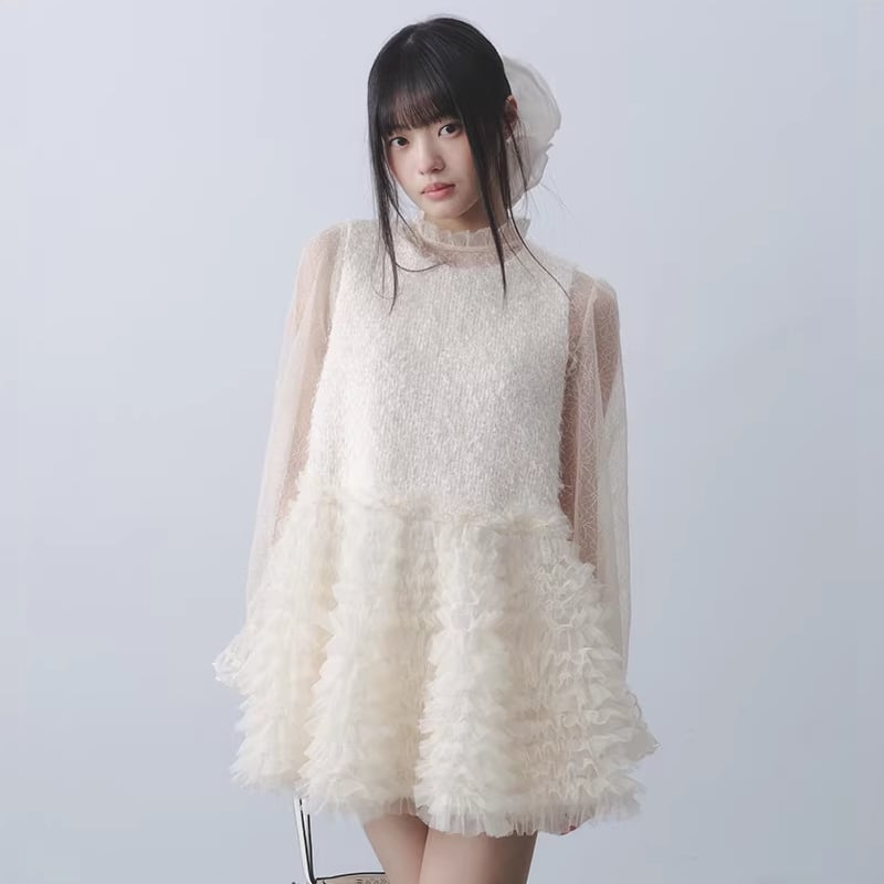 【dress】ギャザーフリルチュールドッキングベストワンピース Q7962