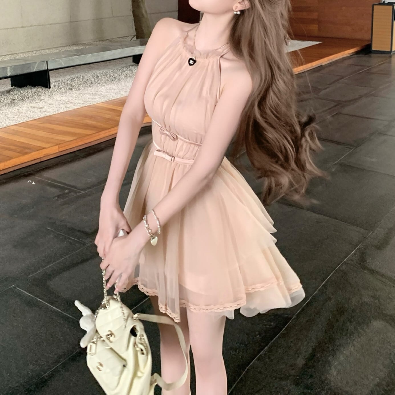 【dress】バックリボンチュールミニワンピース　M31380
