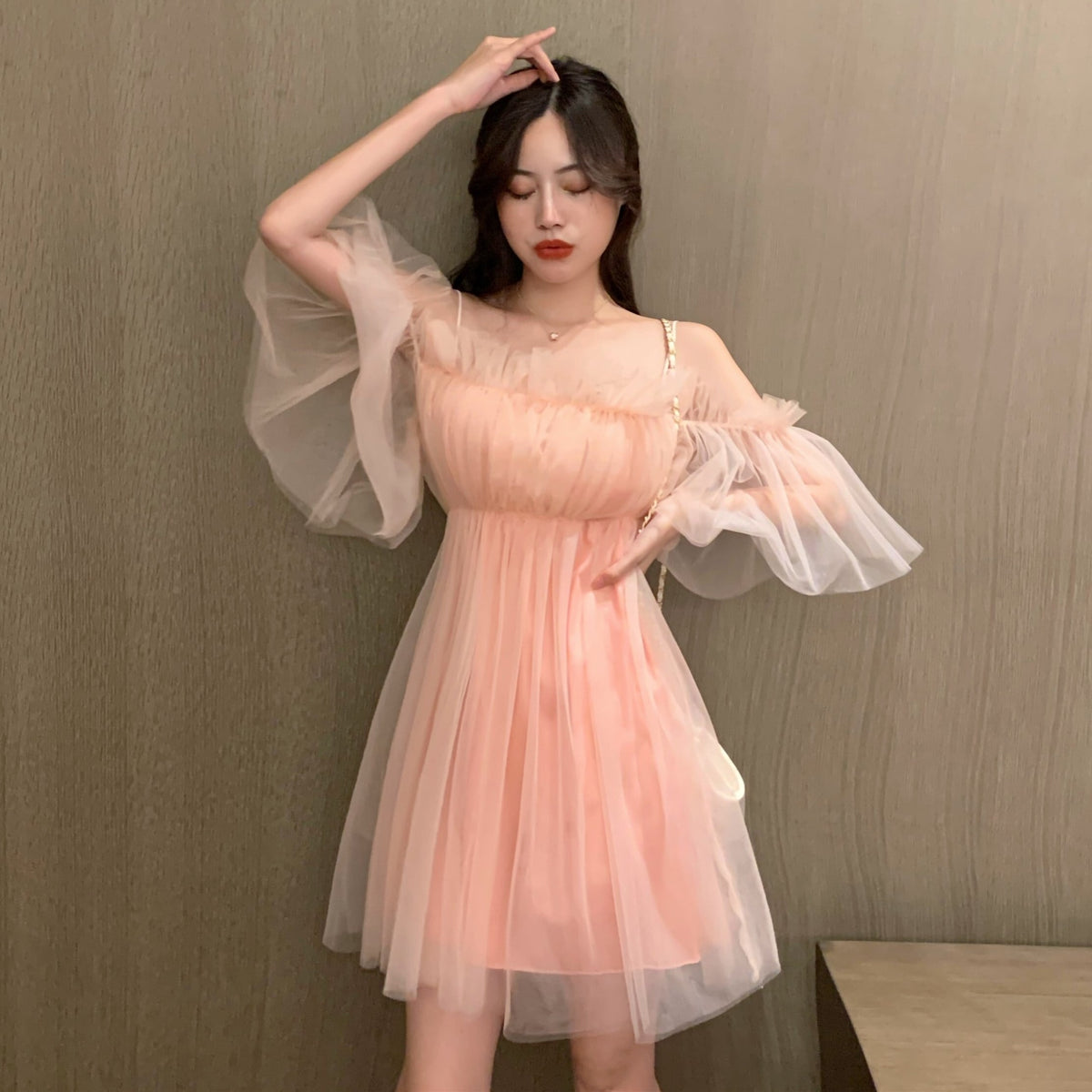 【dress】ギャザーオフショルチュールワンピース　N2666