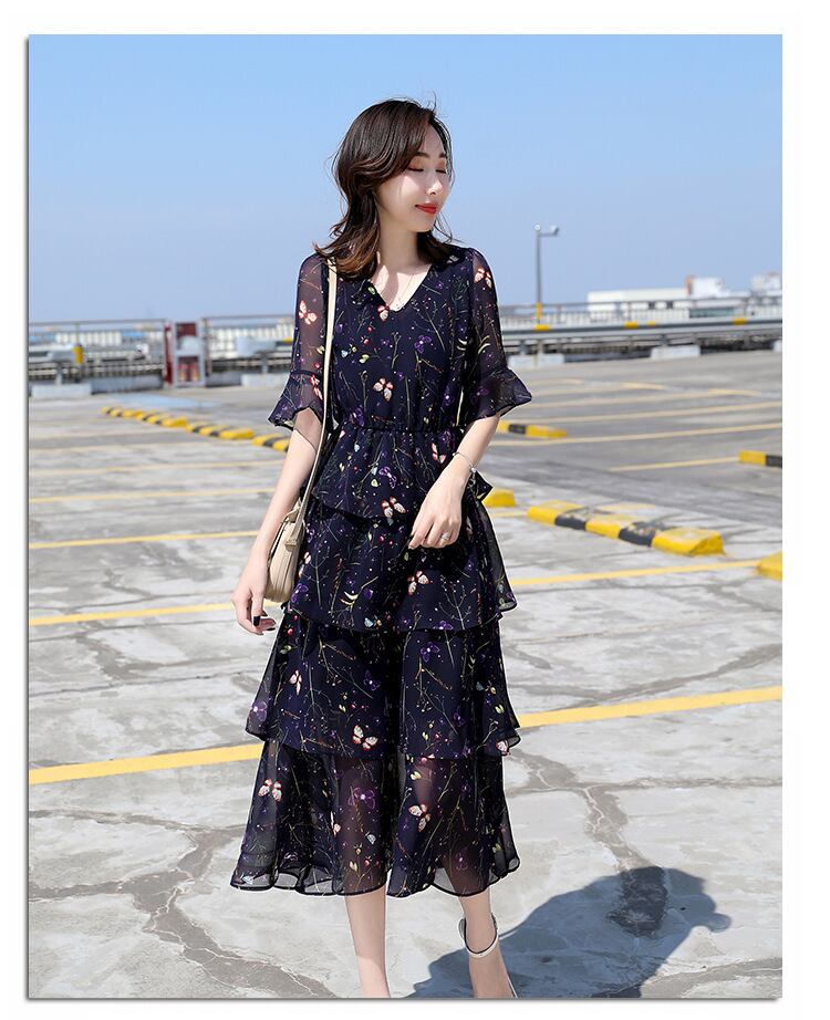 【dress】一目惚れ！Vネックフレアスリーブギャザー花柄ワンピースF0297