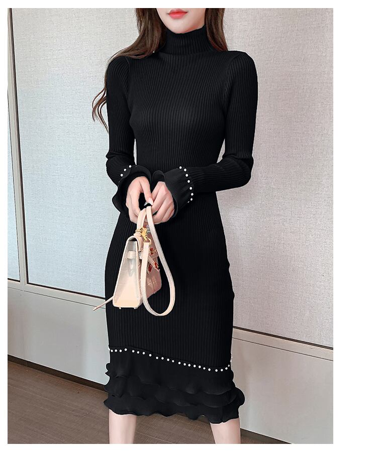 【dress】エレガント!気質満点レトロ体型カバー秋冬新作フリルニットワンピース G3729