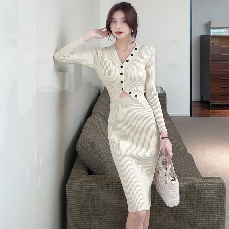 【dress】ボタンデザインニットワンピース　M26264