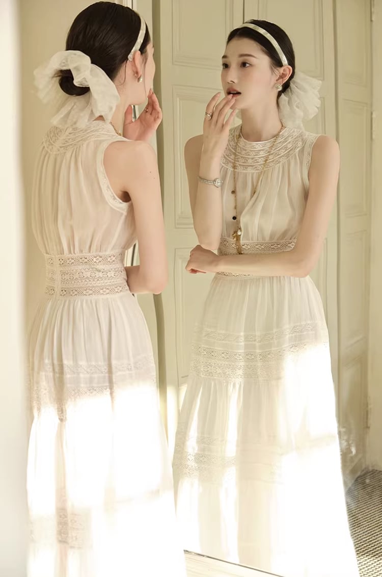 【dress】レースドッキングロングワンピース Q8386