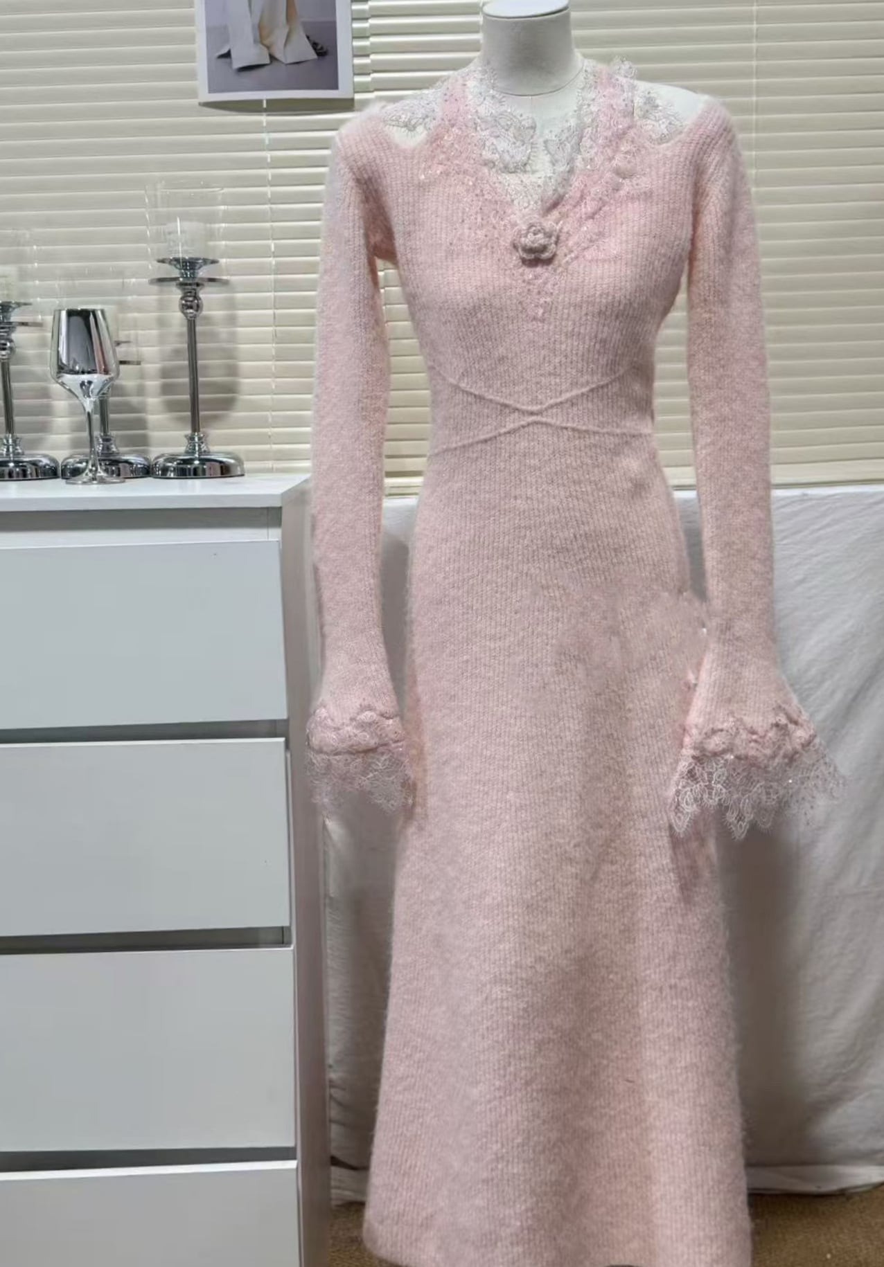 【dress】レースドッキングニットワンピース Q7479