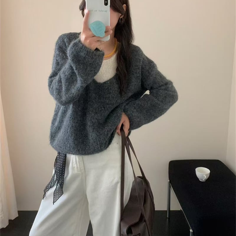 【tops】フェイクレイヤードニットトップス Q7072