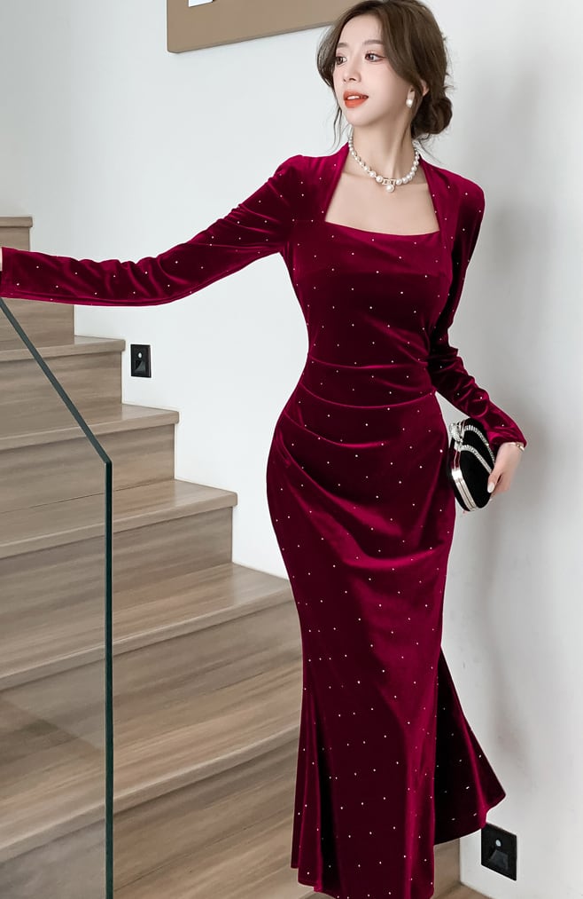 【dress】ラインストーン付きマーメイドワンピース Q6905