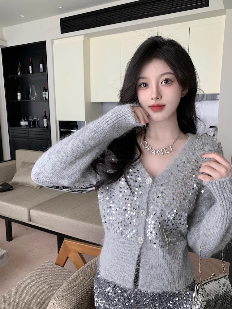 【outer】Vネック長袖ニットカーディガンF8308