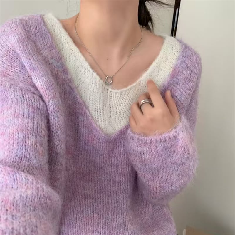 【tops】フェイクレイヤードニットトップス Q7072