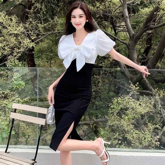 【dress】タイカラー切り替えスリットワンピースF7334