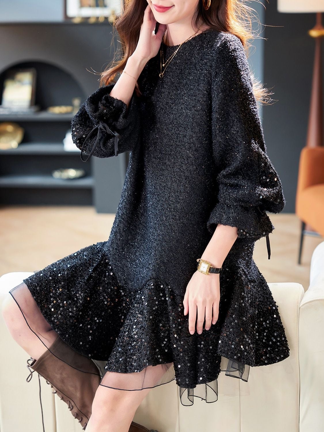 【dress】スパンコール付きチュールドッキングフレアワンピース　N2887