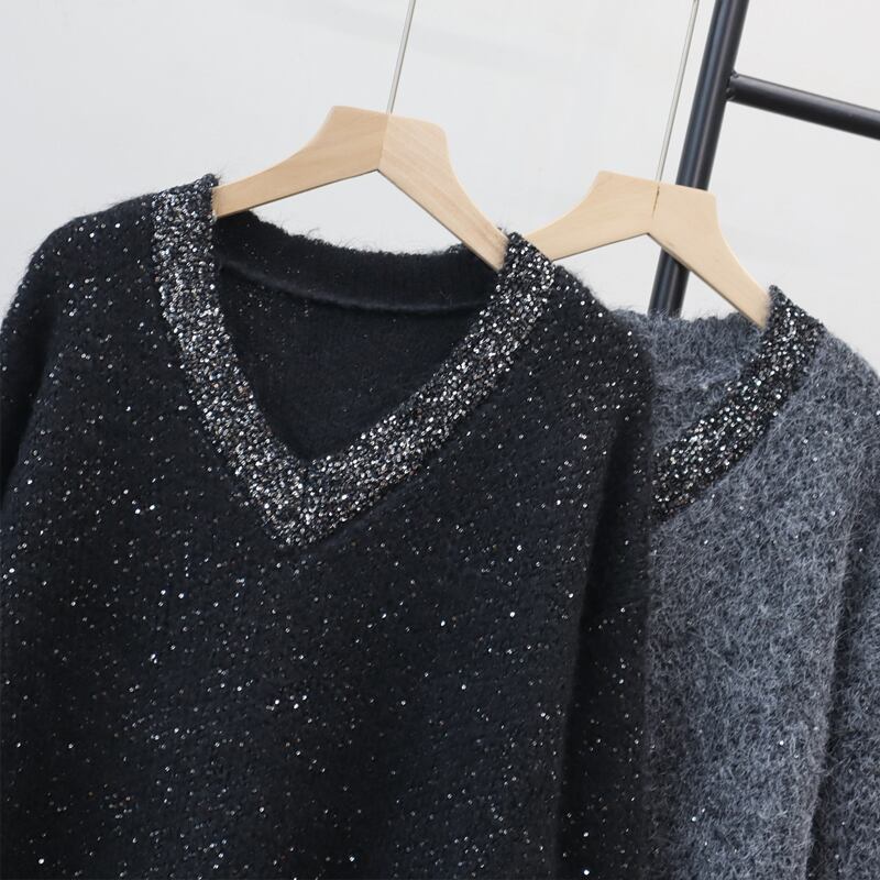 【tops】スパンコール付きニットトップス Q7435