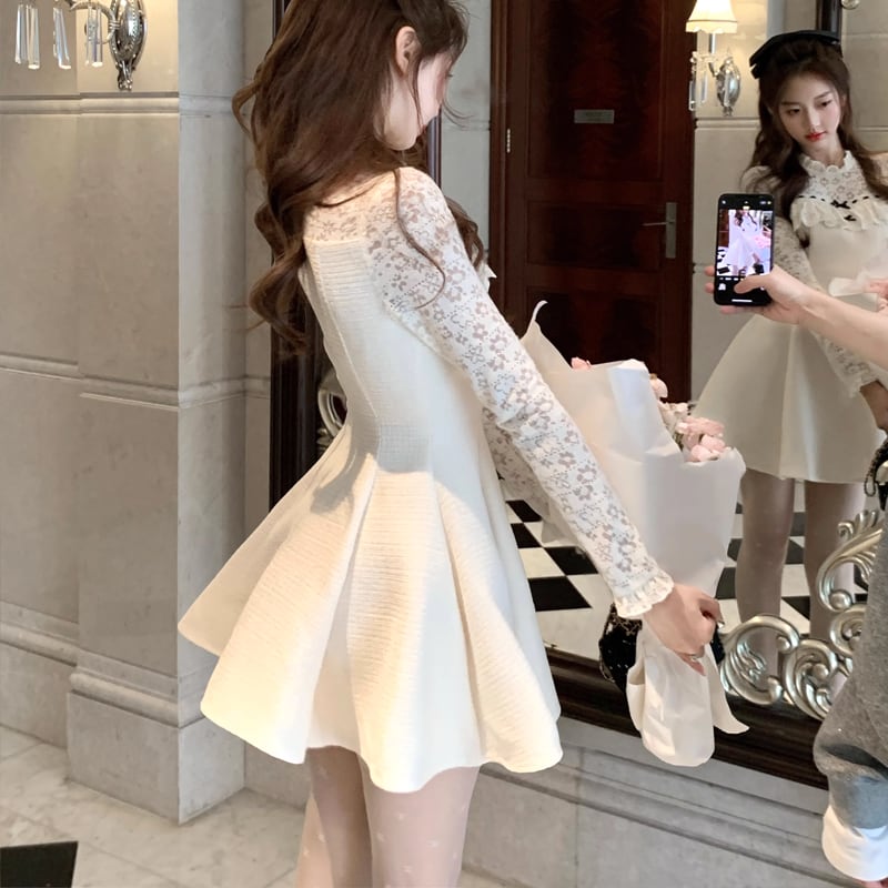 【dress】レースドッキングフレアワンピース Q7645