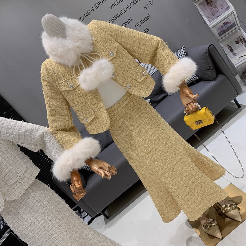 【set】ファー付きツイードジャケット×ロングスカートセット Q7463