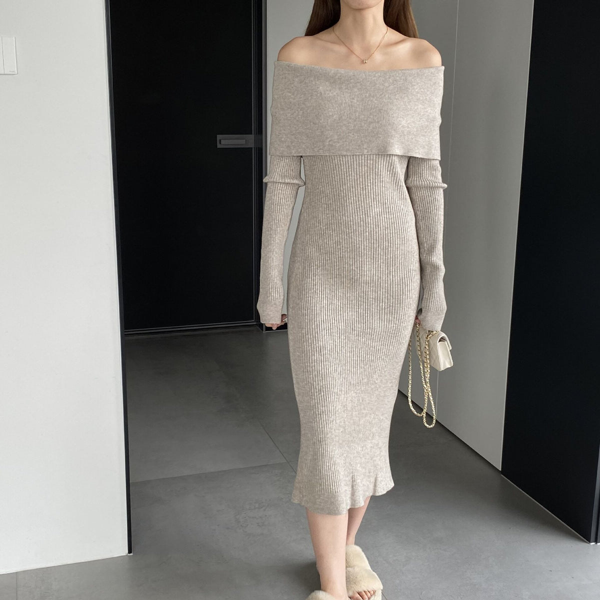 【dress】ボートネックニットワンピース　M18734