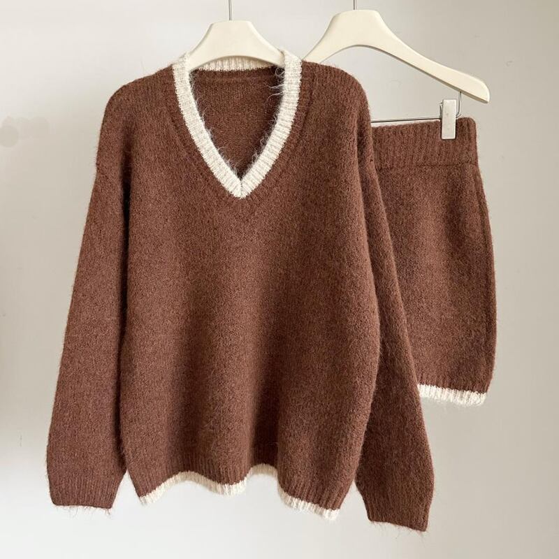 【set】Vネックニットトップス×ストレートスカートセット Q7836