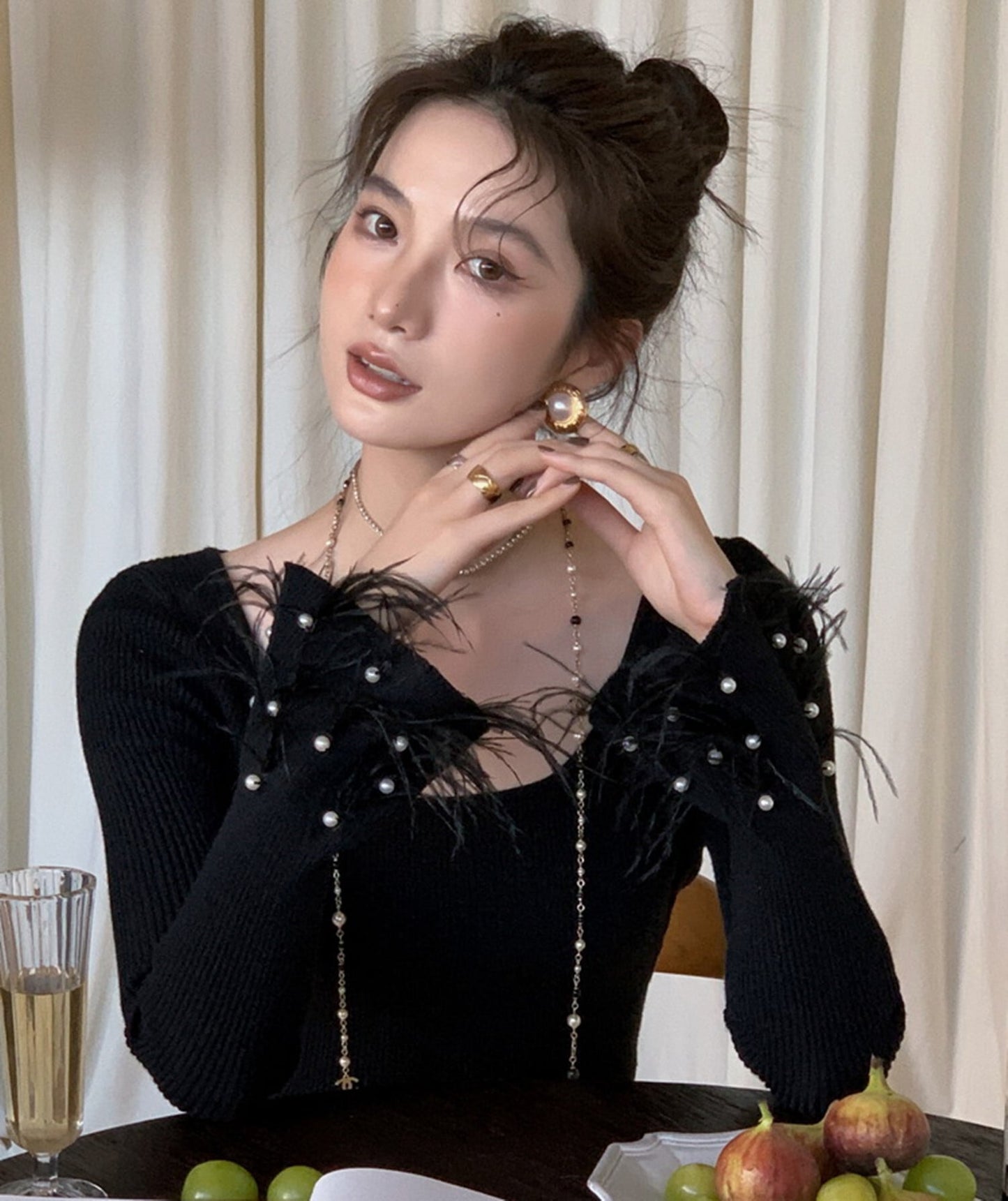 【tops】パールベルスリーブニットトップス　N2947