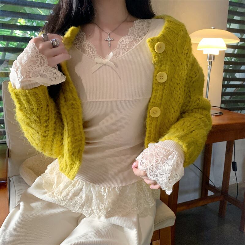 【set】レース切り替えトップス×ニットカーデセット　M28336