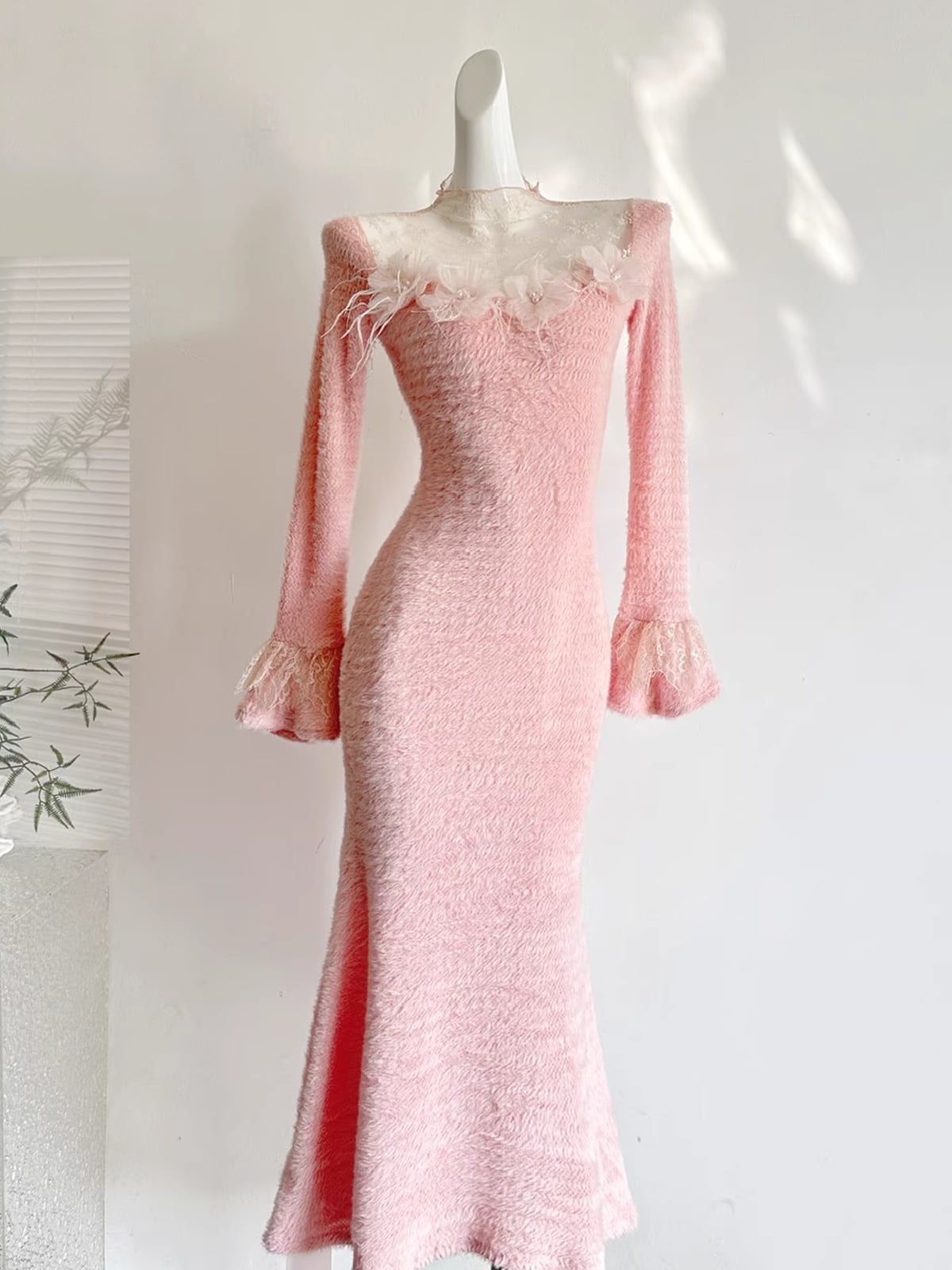 【dress】レースドッキングニットワンピース Q7275