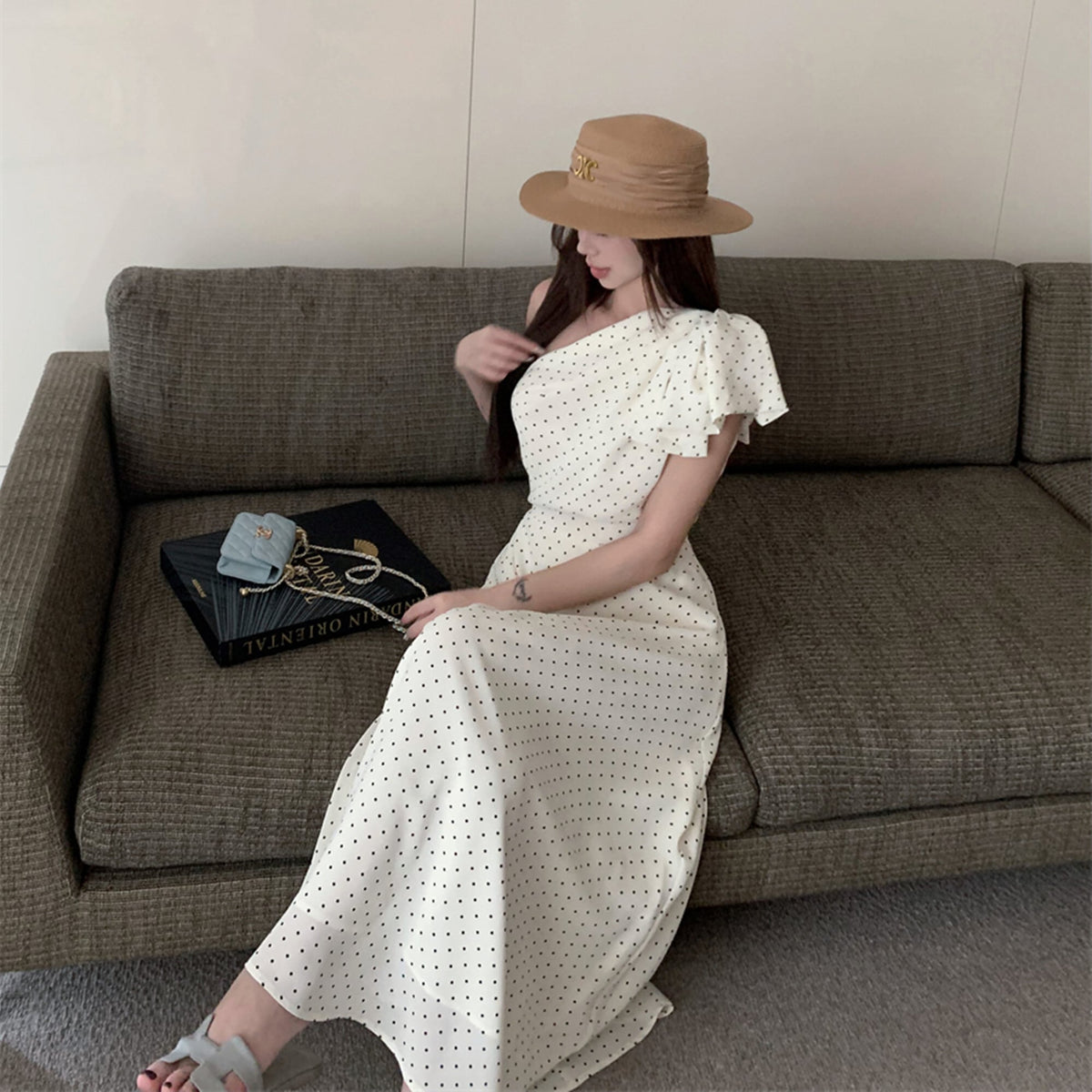 【dress】ワンショルダーリボンドット柄ワンピース　N3045