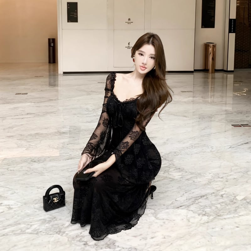 【dress】スクエアネックレースワンピース Q7419