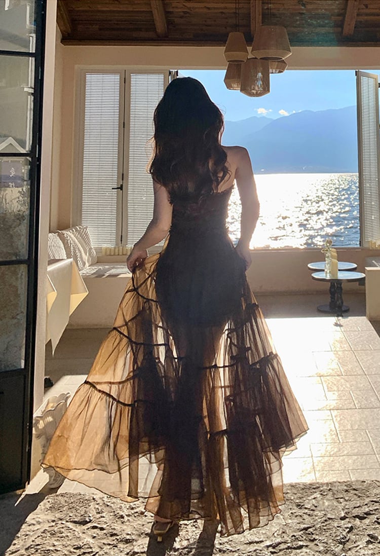 【dress】ホルターネックシアーチュールロングワンピース Q8483
