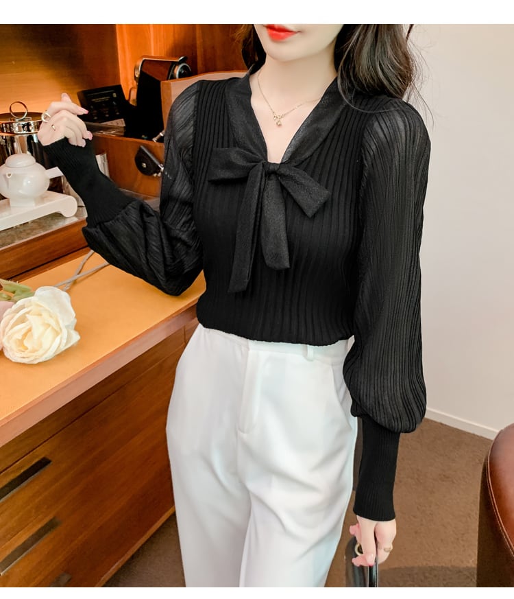 【tops】Vネック切り替えニットブラウスG16806