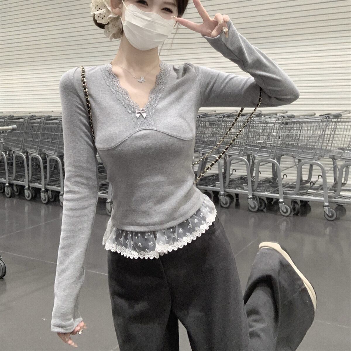 【tops】レース切り替え長袖Tシャツ　M29399