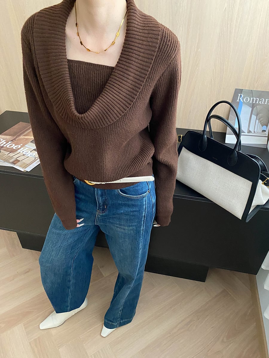 【tops】5色展開ドレープドネックニットトップス Q7379