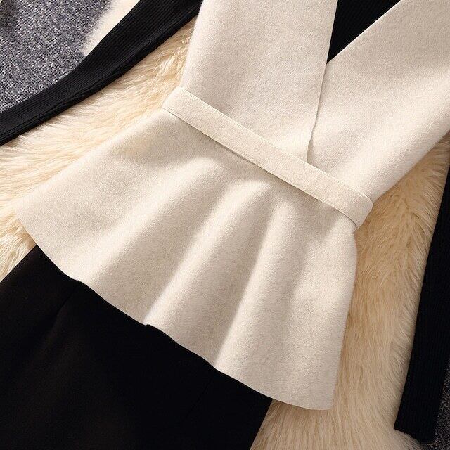 【set】好感度満載！秋冬新作Vネックベスト+無地セーター+美シルエットスカート通勤日常3点セットF1295