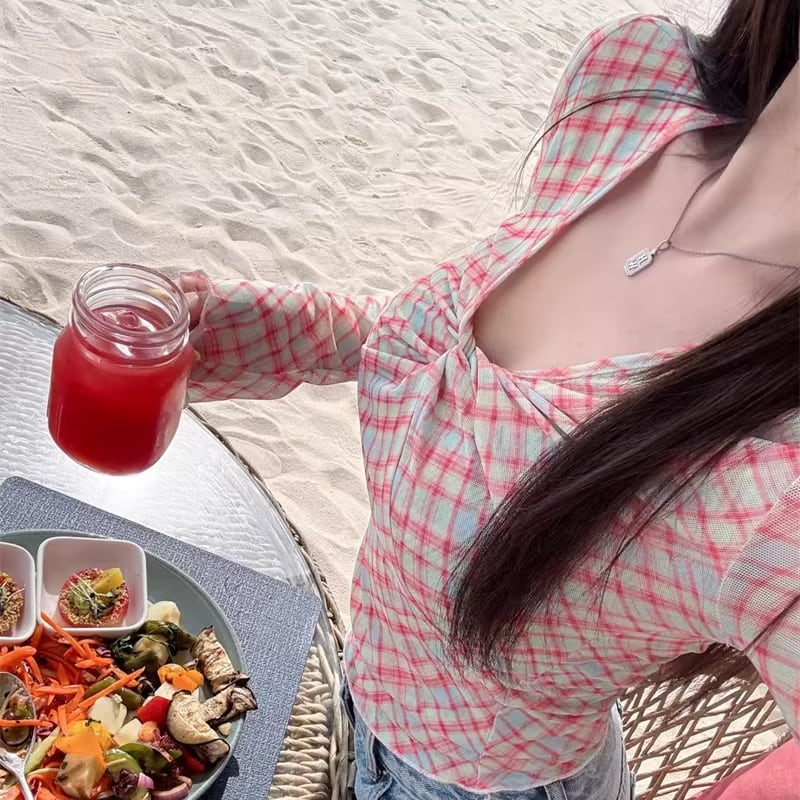 【tops】チェック柄クロスネックトップス Q8256