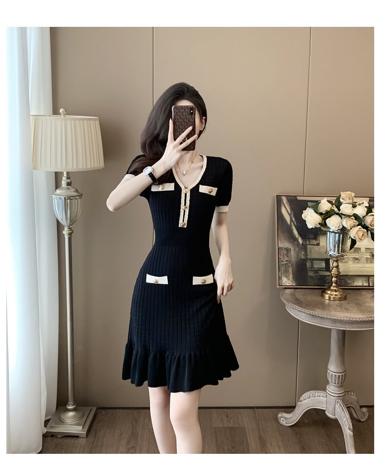 【dress】Vネックマーメイドニットワンピース G20250