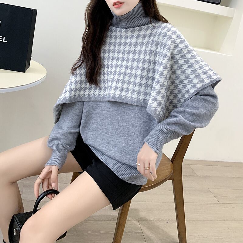 【tops】千鳥格子ドッキングニットセーター　M18543