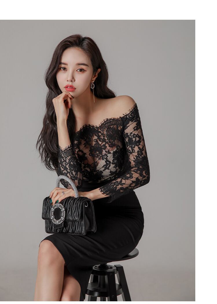 【dress】好感度100％フェミニン韓国風ボートネック長袖人気レース切り替えタイトワンピースF4503