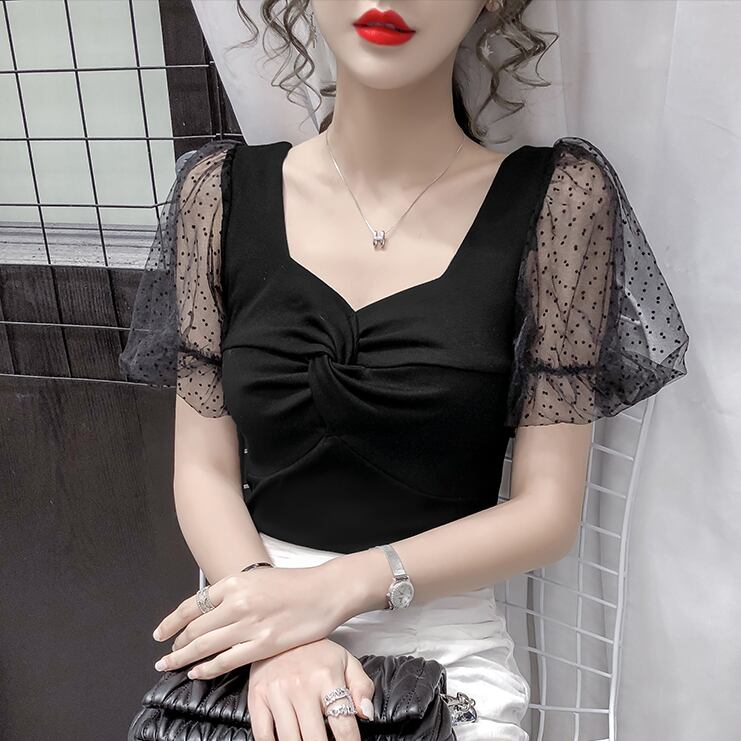 【tops】韓国風INS風スクエアネックメッシュ半袖着やせ無地TシャツF2235