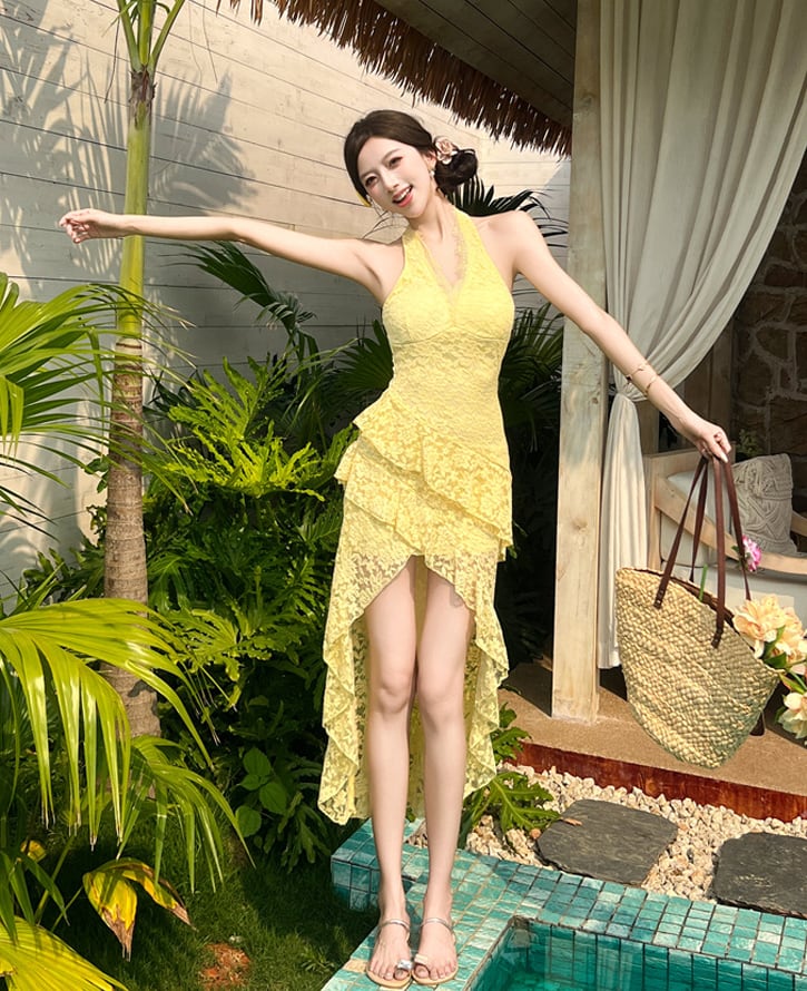 【dress】ホルターネックイレヘムレースワンピース Q8414