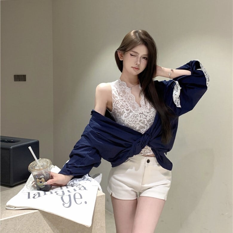 【set】UVカットシャツ×レースノースリーブトップスセット　N2685
