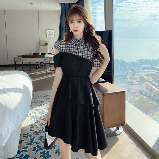 【dress】高級感!気質満点OL通勤POLOネック切り替えチェック柄ワンピースF0033