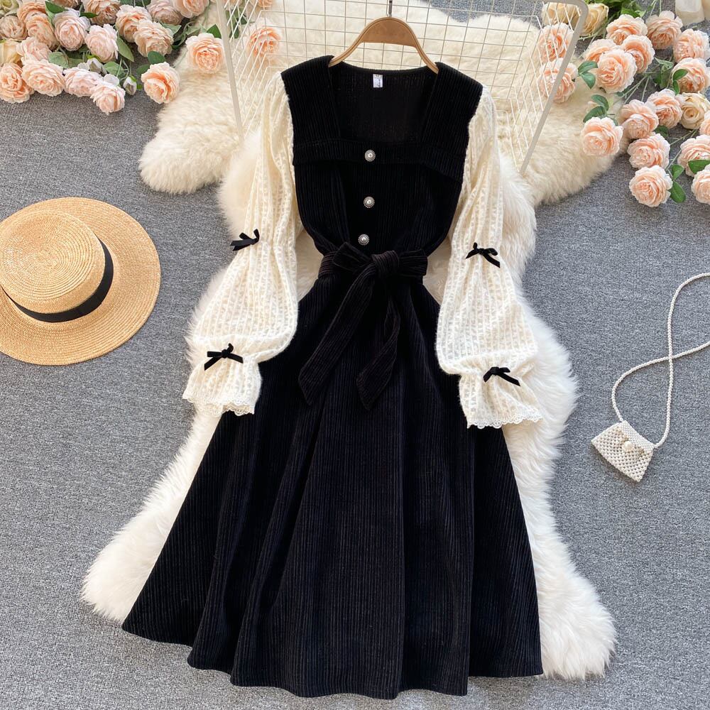 【dress】ファッションレトロスウィートデザインレース切り替えパフスリーブワンピース G3200