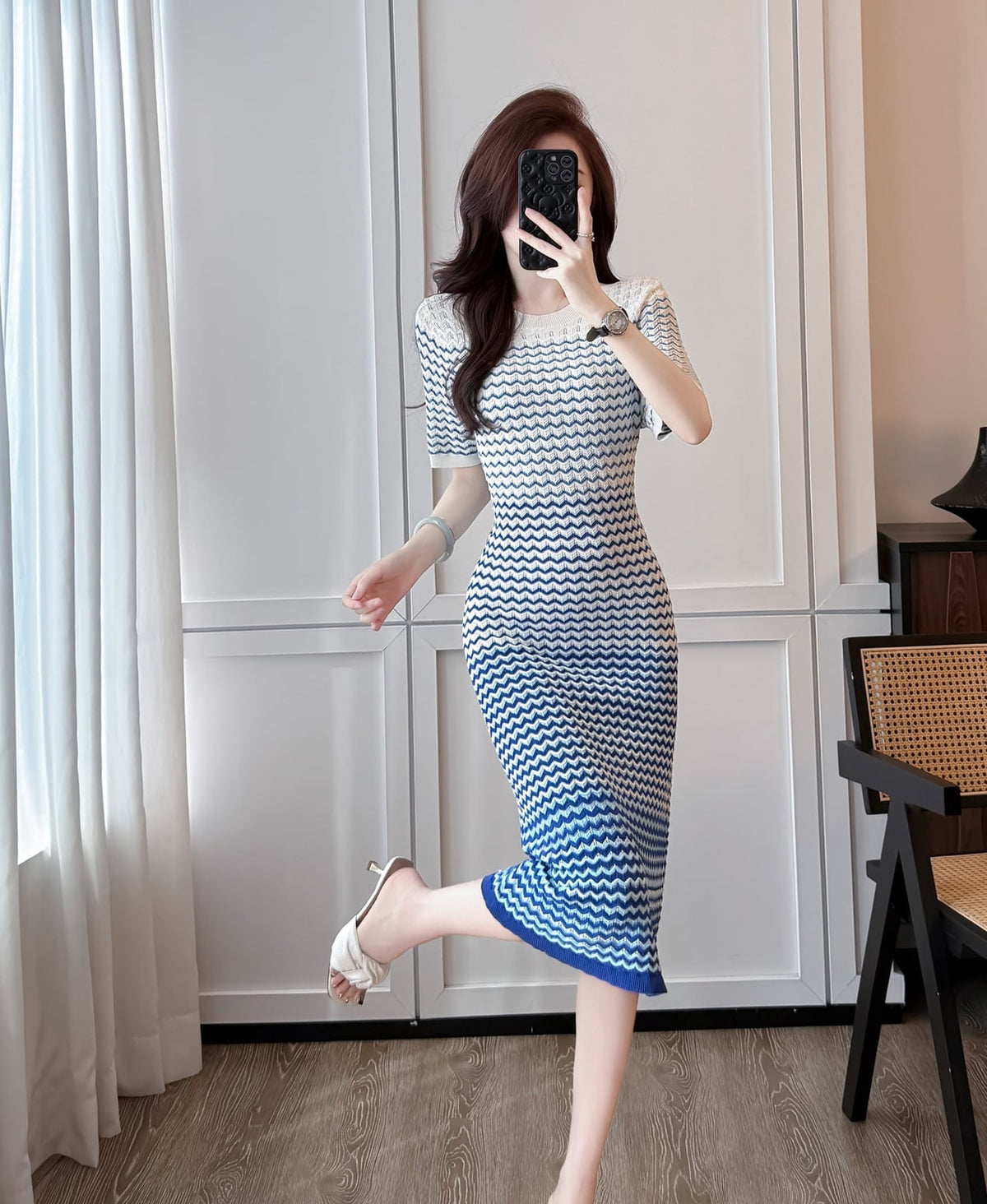 【dress】ウェーブ柄半袖ニットワンピース Q8489