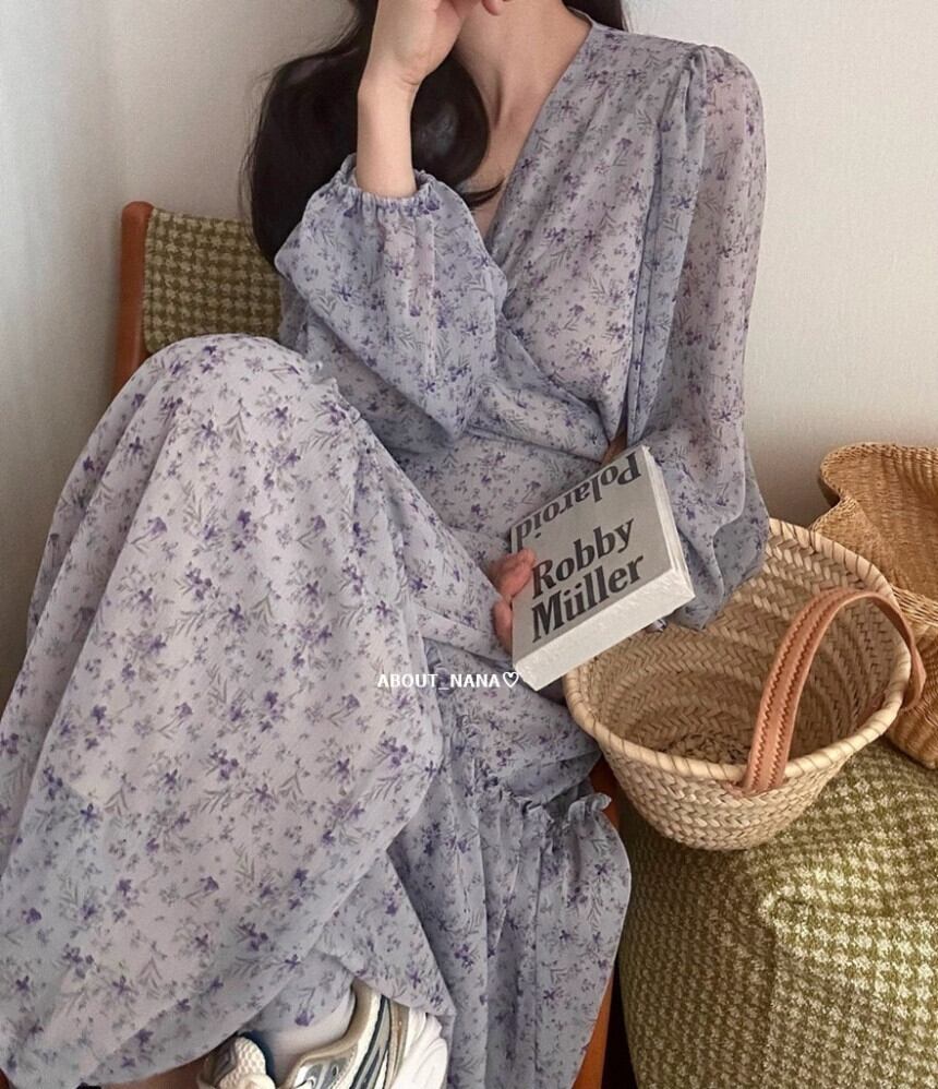 【dress】Vネックシフォン花柄ワンピース G20929