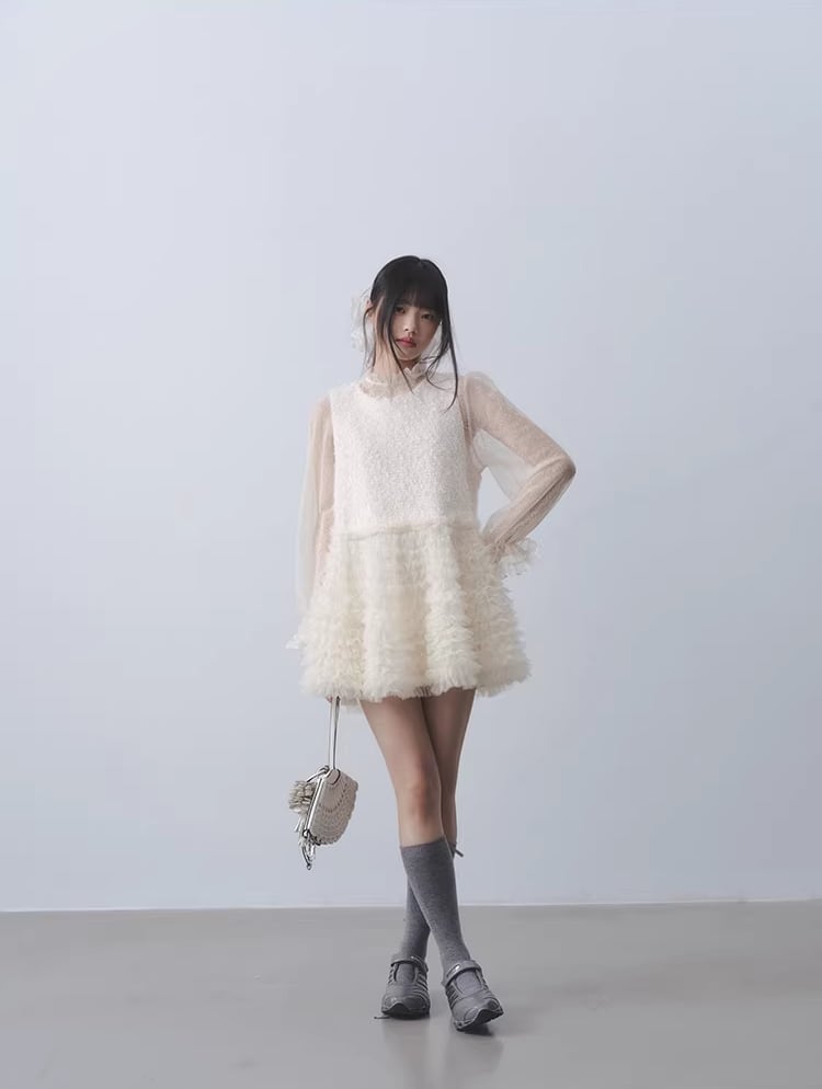 【dress】ギャザーフリルチュールドッキングベストワンピース Q7962