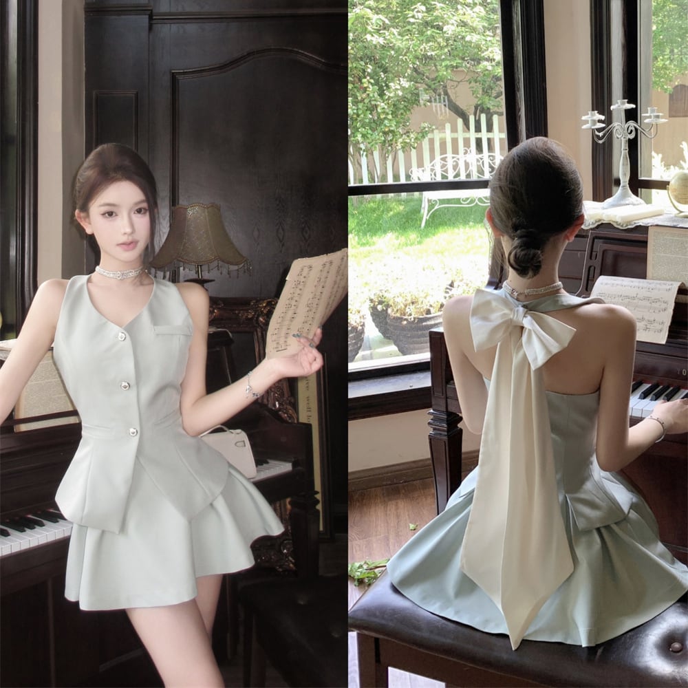 【set】Vネックリボンスーツチョッキ+スカート２点セットG21405