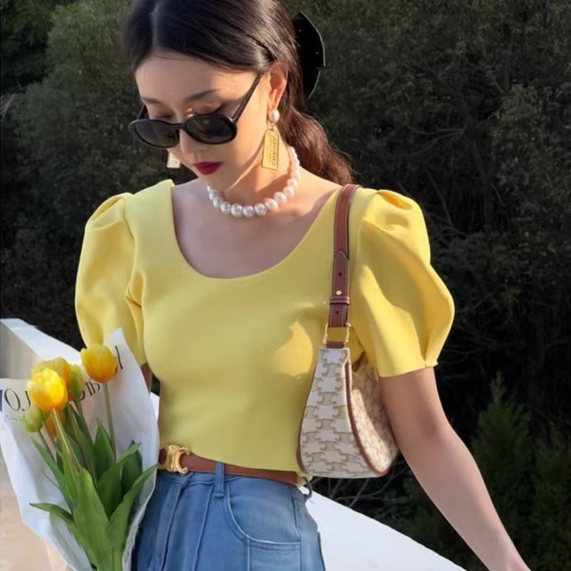 【tops】4色半袖パフ袖ＴシャツF7515